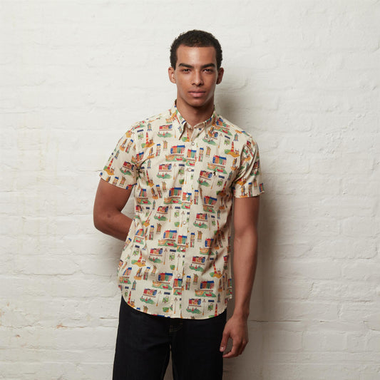 V56GW12 Mens Weymouth Short Sleeve Button Under Print Shirt Gabicci Vintage - CREAM