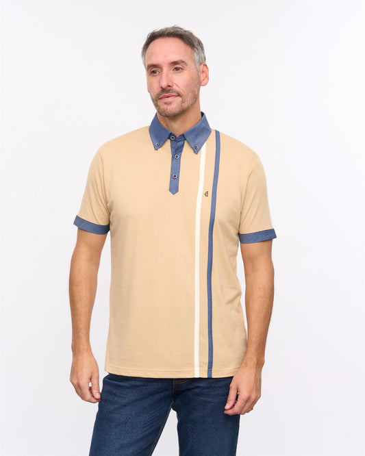 G57X05 Mens Short Sleeve Chambray Trim Jersey Polo Gabicci Heritage - CARAMEL