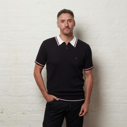 G56M08 Mens Short Sleeve Zip Neck Knit Polo Gabicci Classic - NAVY