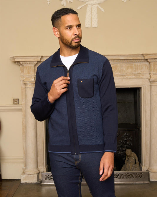 G57M10 Mens Pattern Front Knit Zip Thru Cardigan Gabicci Heritage - NAVY