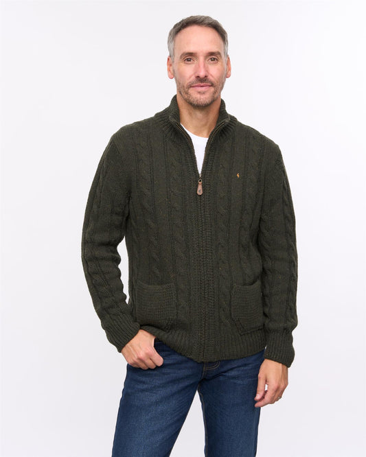 G57M22 Mens Chunky Cable Knit Zip Thru Cardigan Gabicci Heritage - FOREST