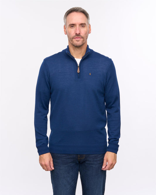 G57K21 Mens Long Sleeve Plain Merino Knit Quarter Zip Polo Gabicci Heritage - NAVY