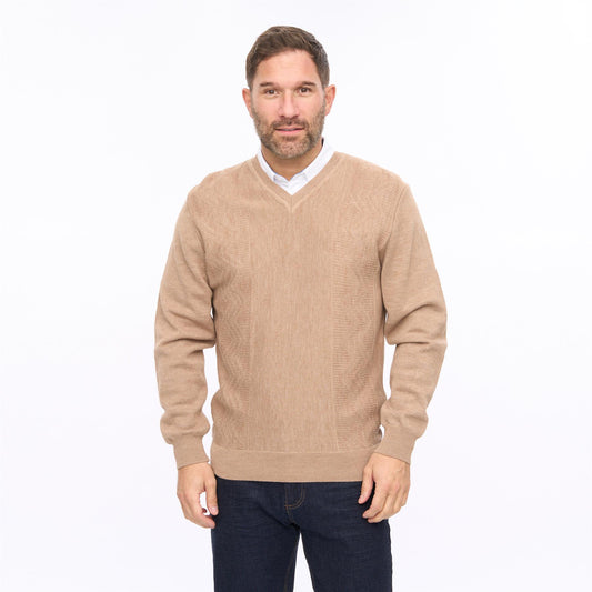 G56M03 Mens Pattern Front Knit V-Neck Gabicci Classic - SANDSTONE