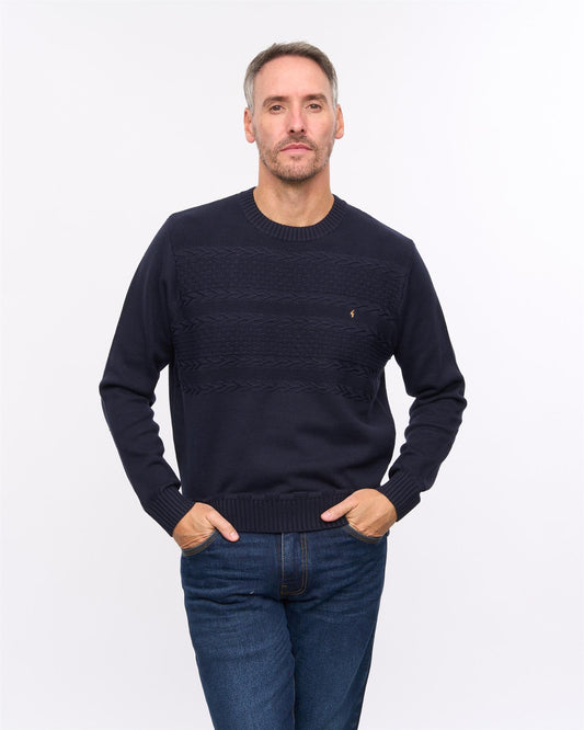 G57M12 Mens Textured Yoke Front Knit Deep Crew Neck Sweater Gabicci Heritage - NAVY