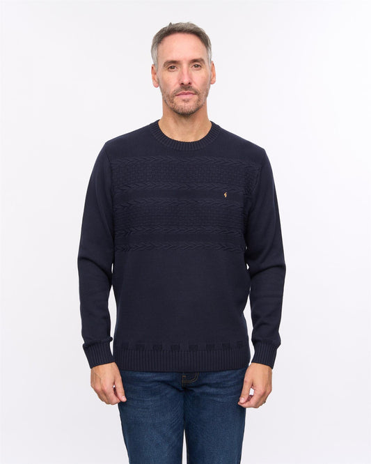 G57M12 Mens Textured Yoke Front Knit Deep Crew Neck Sweater Gabicci Heritage - NAVY