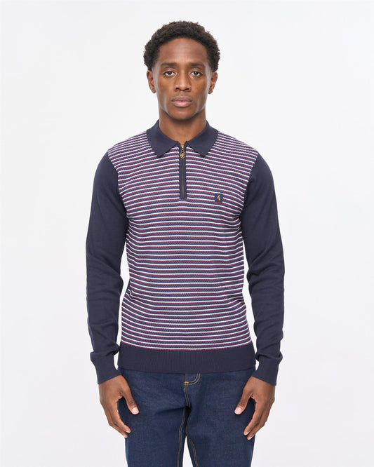 V57GM11 Mens Edmund Long Sleeve Knit Polo Gabicci Vintage - NAVY