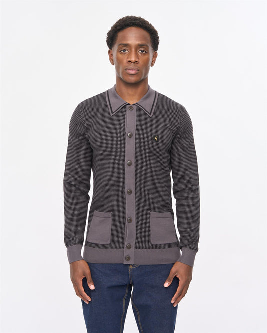 V57GM16 Mens Noel Long Sleeve Button Thru Knit Polo Gabicci Vintage - CHARCOAL