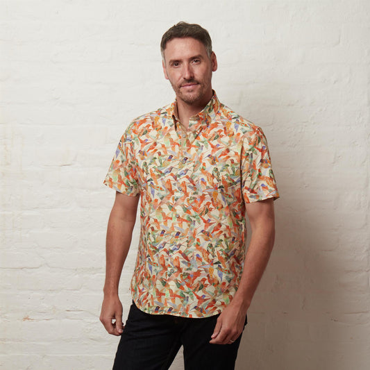 G56W06 Mens Button Under Short Sleeve Print Shirt Gabicci Classic - LEMON