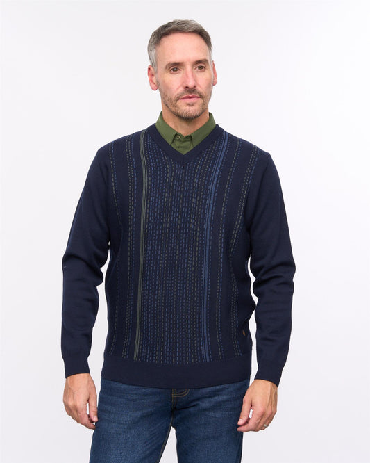 G57M04 Mens Pattern Front Knit V Neck Sweater Gabicci Heritage - NAVY