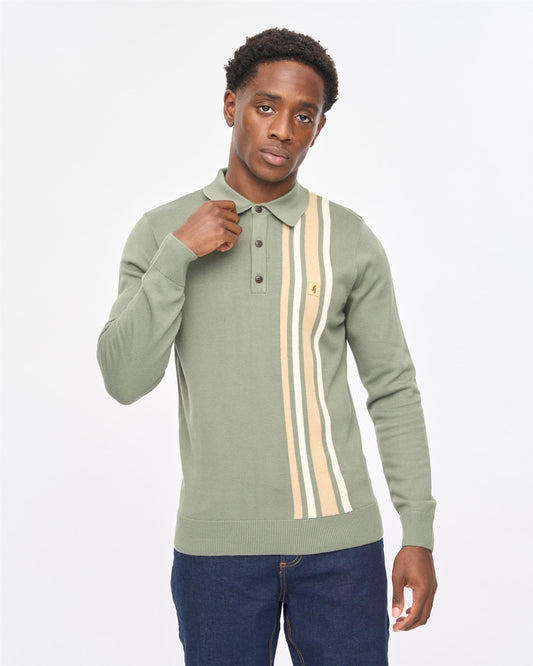 V57GM03 Mens Soda Long Sleeve Knit Polo Gabicci Vintage - KHAKI