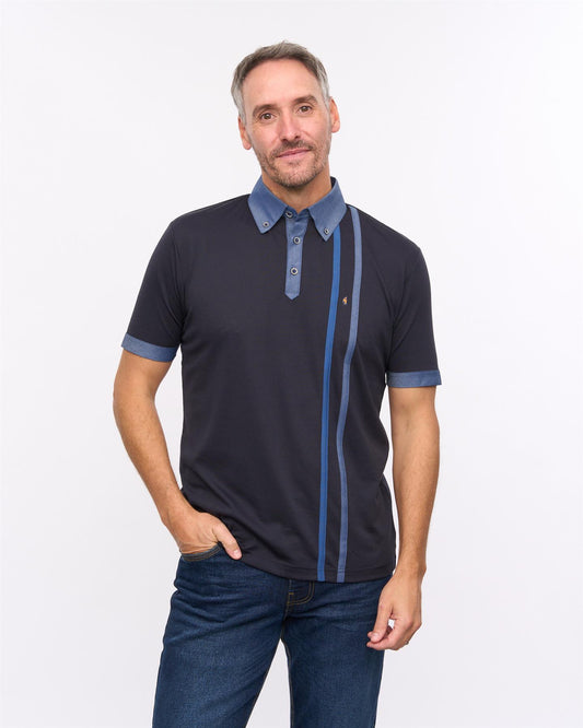 G57X05 Mens Short Sleeve Chambray Trim Jersey Polo Gabicci Heritage - NAVY