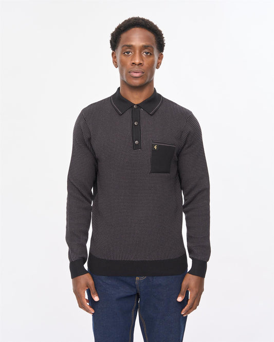 V57GM10 Mens Harry Long Sleeve Knit Polo Gabicci Vintage - BLACK