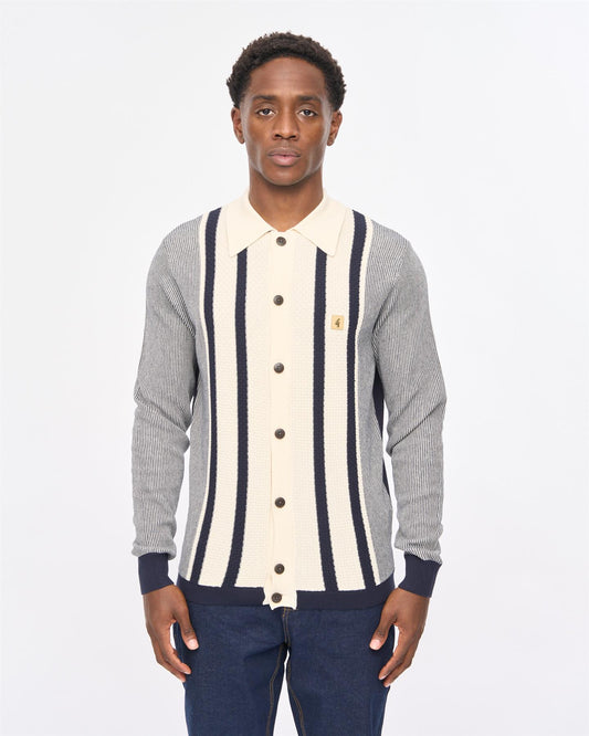 V57GM17 Mens Pascal Long Sleeve Button Thru Knit Polo Gabicci Vintage - NAVY