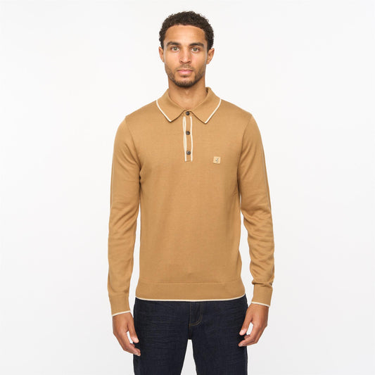 V55GM09 Mens Lineker Long Sleeve Knitted Three Button Polo Gabicci Vintage - NUTMEG