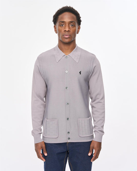 V57GM27 Mens Eddie Long Sleeve Button Thru Knit Polo Gabicci Vintage - CHARCOAL