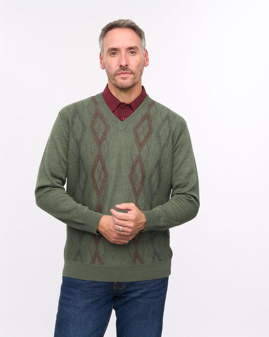 G57M02 Mens Pattern Front Knit V Neck Sweater Gabicci Heritage - KHAKI
