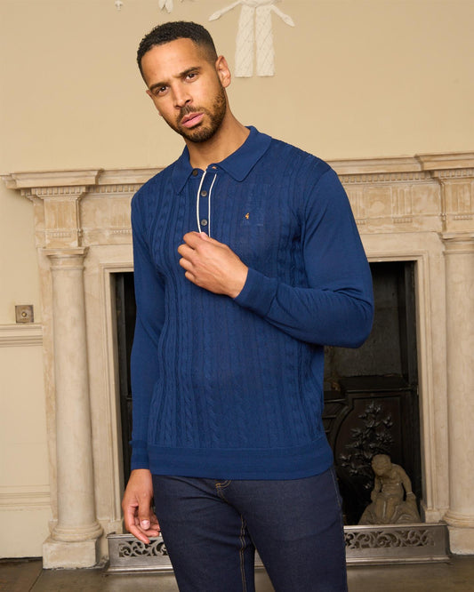 G57K24 Mens Long Sleeve Cable Front Marino Knit Polo Gabicci Heritage - NAVY