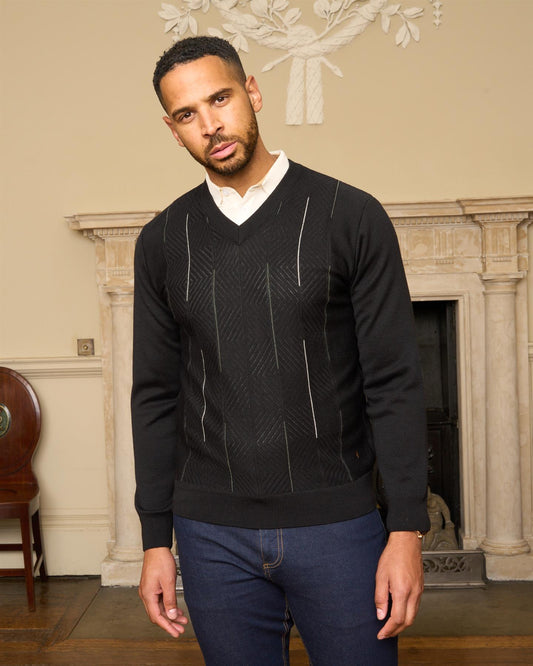 G57M01 Mens Pattern Front Knit V Neck Sweater Gabicci Heritage - BLACK