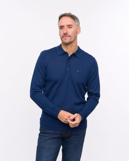 G57K20 Mens Long Sleeve Plain Merino Knit Polo Gabicci Heritage - NAVY