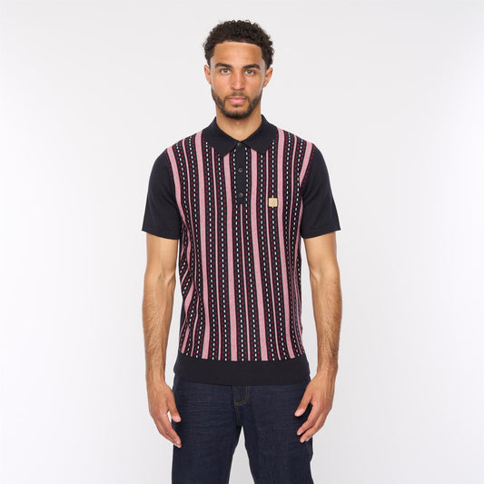 V54GM05 Mens Johnny Short Sleeve Pattern Knitted Polo Gabicci Vintage - NAVY