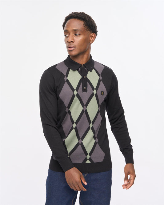 V57GM02 Mens Lagos Long Sleeve Argyle Front Knit Polo Gabicci Vintage - BLACK