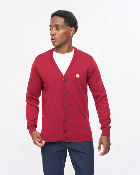 V57GK22 Mens Macklin Long Sleeve Button Thru Cardigan Gabicci Vintage - CLARET