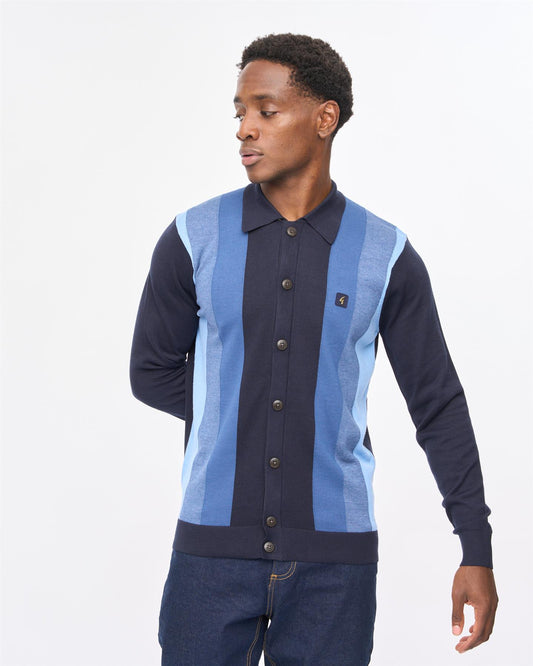 V57GM12 Mens Pedro Long Sleeve Button Thru Knit Polo Gabicci Vintage - NAVY