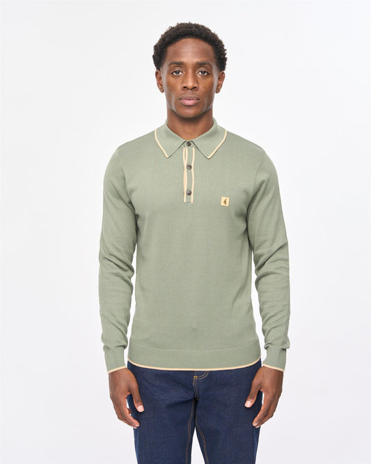 V57GM09 Mens Linekar Long Sleeve Knit Polo Gabicci Vintage - KHAKI