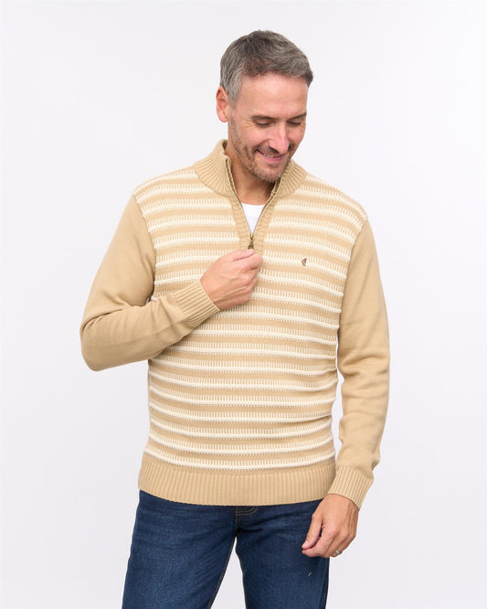 G57M13 Mens Textured Front Knit Quarter Zip Sweater Gabicci Heritage - CARAMEL