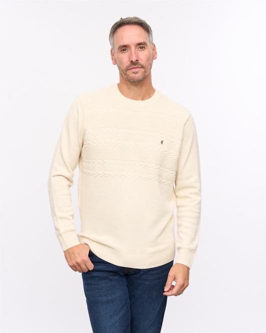 G57M12 Mens Textured Yoke Front Knit Deep Crew Neck Sweater Gabicci Heritage - CREAM