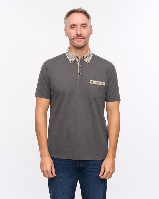 G57X09 Mens Short Sleeve Oxford Jersey Woven Trim Polo Gabicci Heritage - CHARCOAL