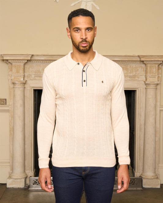 G57K24 Mens Long Sleeve Cable Front Marino Knit Polo Gabicci Heritage - PARCHMENT