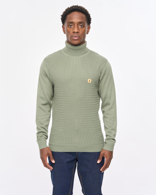 V57GM14 Mens Leonardo Long Sleeve Cable Knit Polo Gabicci Vintage - KHAKI
