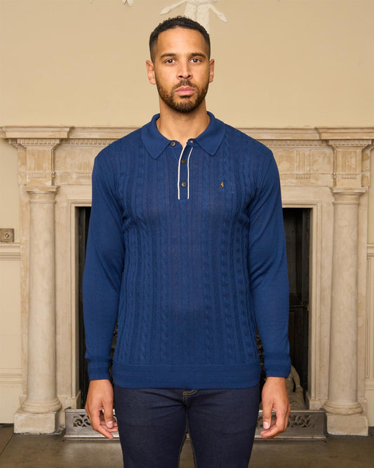 G57K24 Mens Long Sleeve Cable Front Marino Knit Polo Gabicci Heritage - NAVY