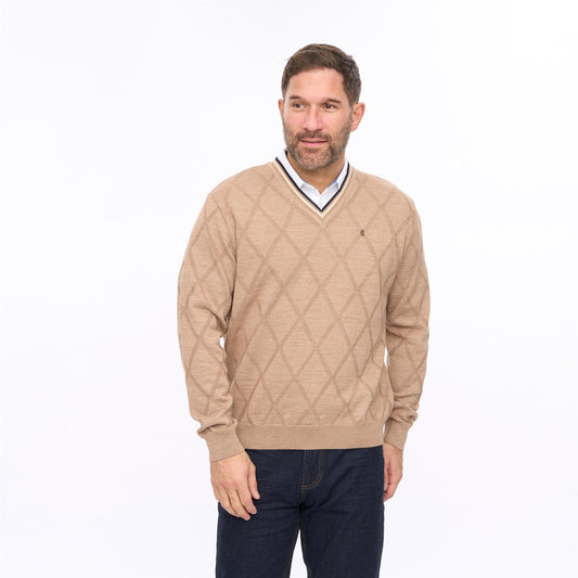 G56M04 Mens Pattern Front Knit V-Neck Gabicci Classic - SANDSTONE