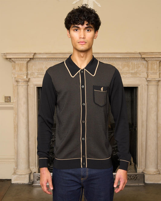 V57GM24 Mens Di-Lello Long Sleeve Button Thru Knit Polo Gabicci Vintage - BLACK