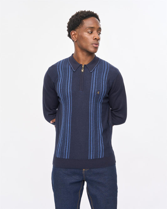 V57GM04 Mens Hambro Long Sleeve Knit Polo Gabicci Vintage - NAVY