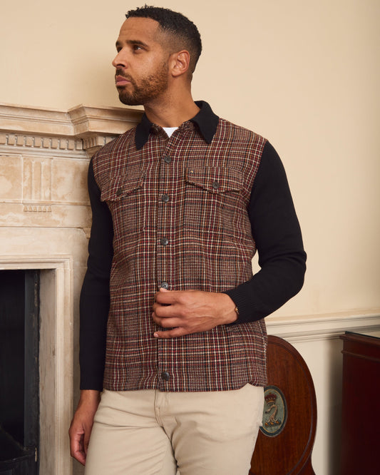 G57M17 Mens Workwear Check Shirt Gabicci Heritage with Knit Sleeves - BLACK