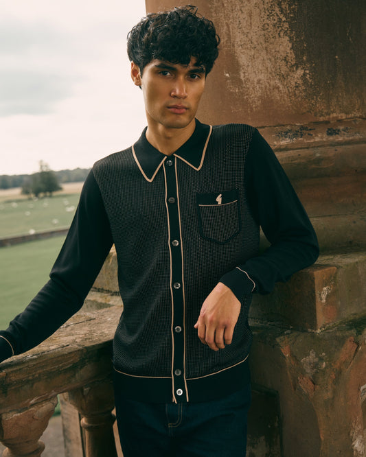 V57GM24 Mens Di-Lello Long Sleeve Button Thru Knit Polo Gabicci Vintage - BLACK