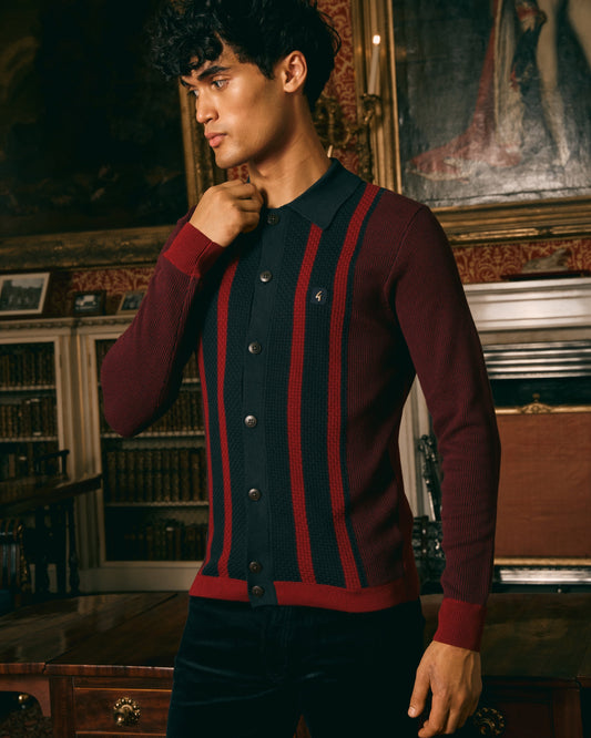 V57GM17 Mens Pascal Long Sleeve Button Thru Knit Polo Gabicci Vintage - CLARET