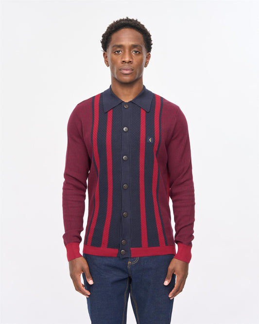 V57GM17 Mens Pascal Long Sleeve Button Thru Knit Polo Gabicci Vintage - CLARET