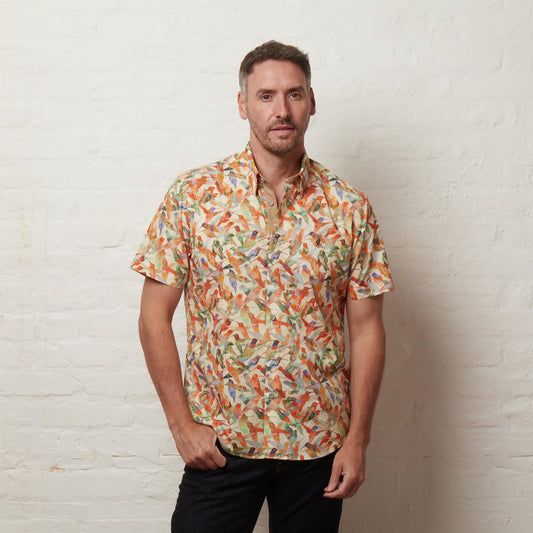 G56W06 Mens Button Under Short Sleeve Print Shirt Gabicci Classic - LEMON