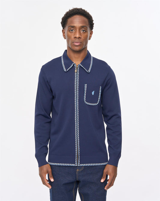V57GM25 Mens Nick Long Sleeve Zip Thru Knit Polo Gabicci Vintage - NAVY