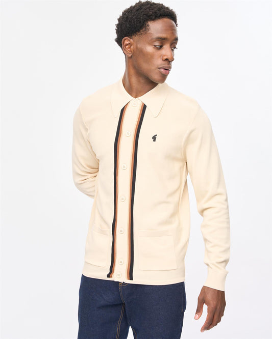 V57GM26 Mens Bromley Long Sleeve Button Thru Knit Polo Gabicci Vintage - CREAM