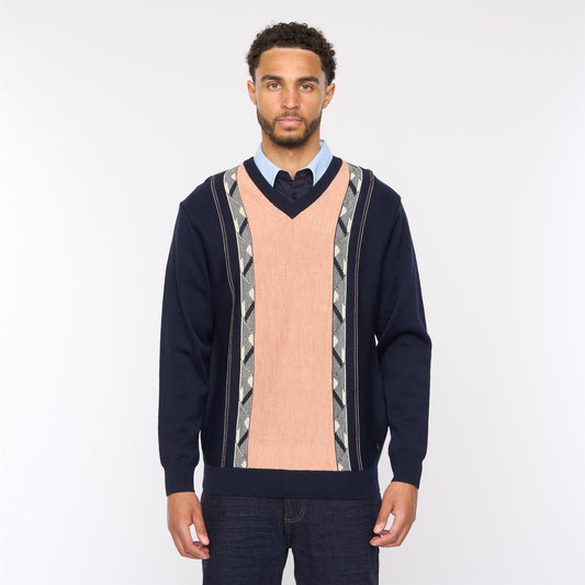 G54M02 Mens Plain Vee Kneck Pattern Front Knit Gabicci Classic - NAVY