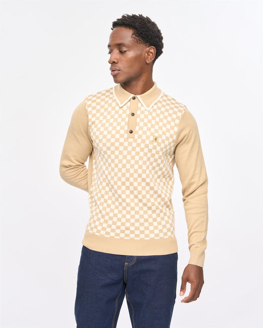 V57GM08 Mens Danson Long Sleeve Knit Polo Gabicci Vintage - CARAMEL