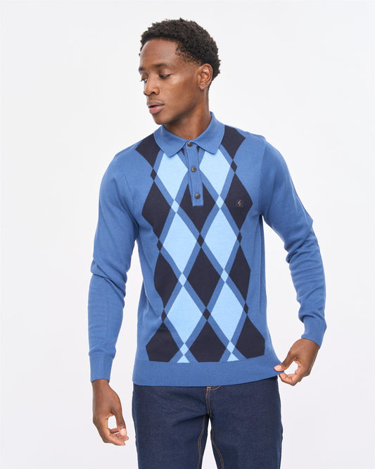 V57GM02 Mens Lagos Long Sleeve Argyle Front Knit Polo Gabicci Vintage - AIRFORCE