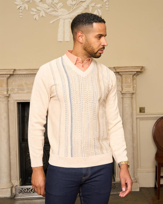 G57M04 Mens Pattern Front Knit V Neck Sweater Gabicci Heritage - PARCHMENT