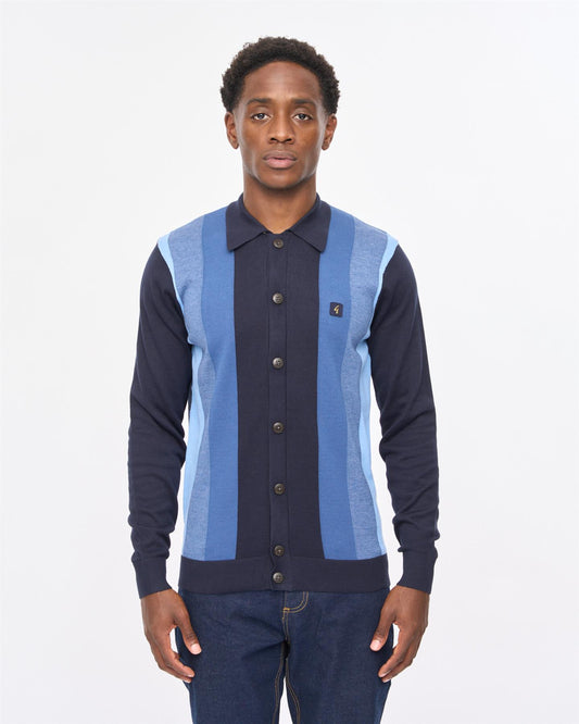 V57GM12 Mens Pedro Long Sleeve Button Thru Knit Polo Gabicci Vintage - NAVY