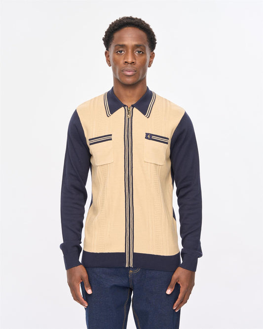 V57GM15 Mens Lucerne Long Sleeve Zip Thru Knit Polo Gabicci Vintage - NAVY